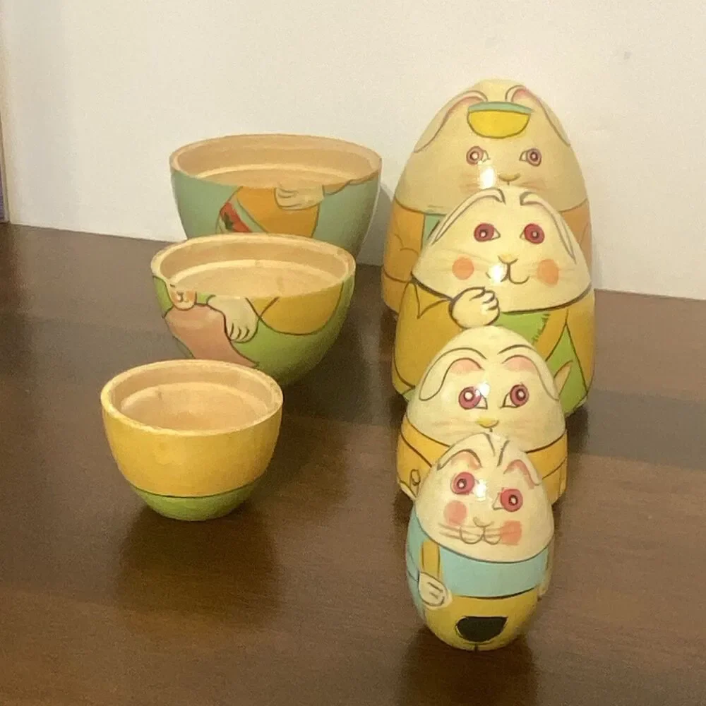 Vintage Easter Bunny Wooden Nesting Eggs 4 Pc Set Russian Matryoshka Doll Style